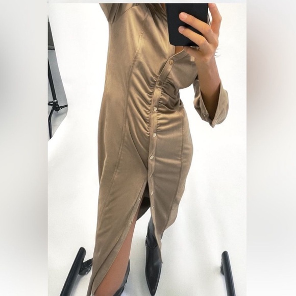 Zara Ruched Faux Suede Button Down Midi Dress - Picture 2 of 11
